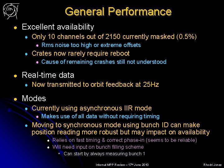 General Performance ● Excellent availability ● Only 10 channels out of 2150 currently masked