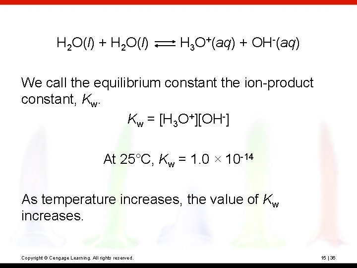 H 2 O(l) + H 2 O(l) H 3 O+(aq) + OH-(aq) We call