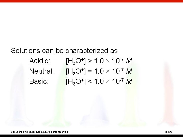 Solutions can be characterized as Acidic: [H 3 O+] > 1. 0 × 10