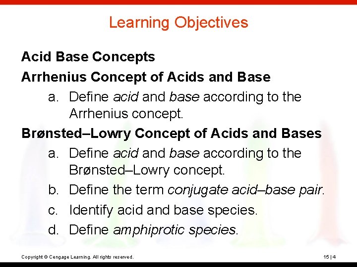 Learning Objectives Acid Base Concepts Arrhenius Concept of Acids and Base a. Define acid