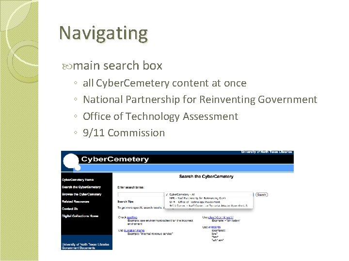 Navigating main search box ◦ ◦ all Cyber. Cemetery content at once National Partnership