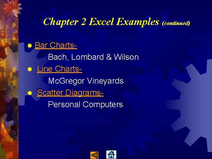 Chapter 2 Excel Examples (continued) ® Bar Charts. Bach, Lombard & Wilson ® Line