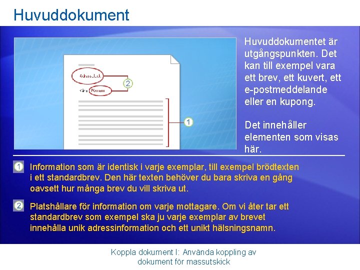 Huvuddokumentet är utgångspunkten. Det kan till exempel vara ett brev, ett kuvert, ett e-postmeddelande