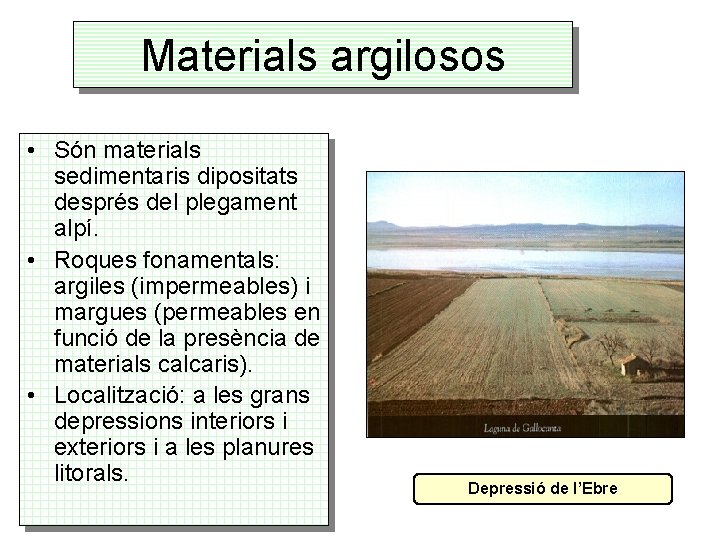 Materials argilosos • Són materials sedimentaris dipositats després del plegament alpí. • Roques fonamentals: