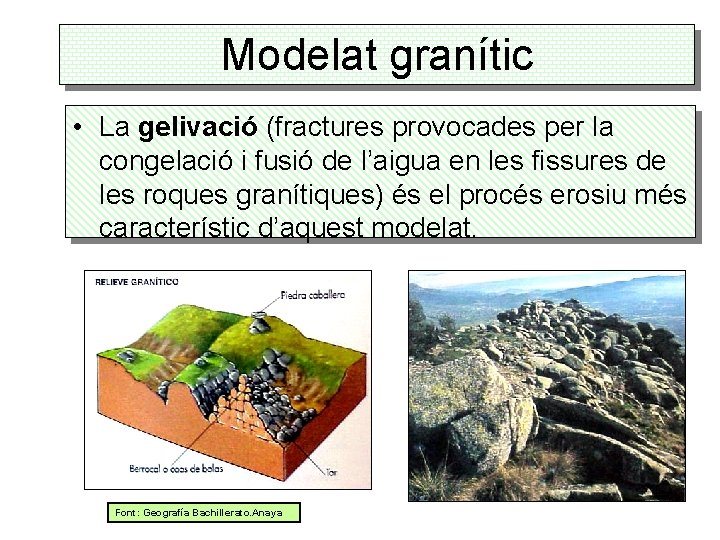 Modelat granític • La gelivació (fractures provocades per la congelació i fusió de l’aigua
