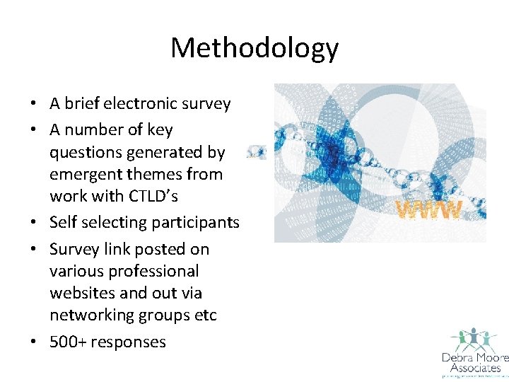Methodology • A brief electronic survey • A number of key questions generated by