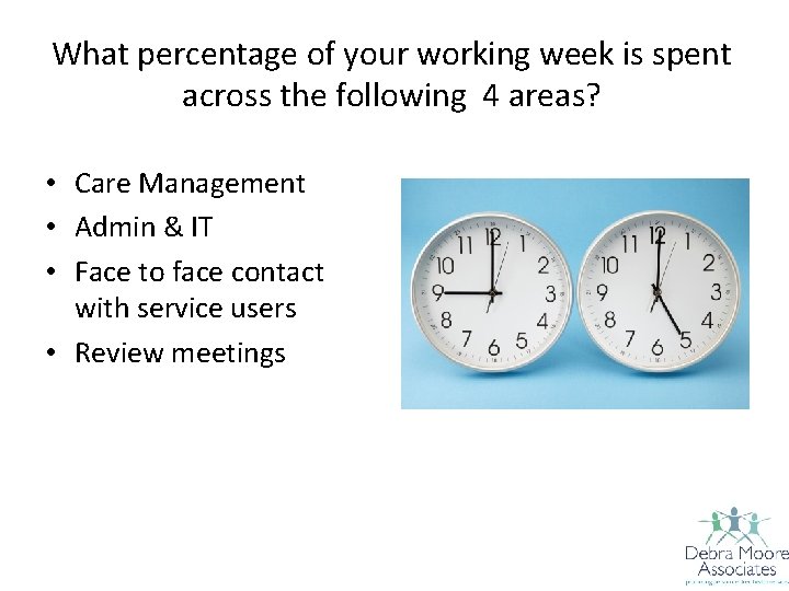 What percentage of your working week is spent across the following 4 areas? •