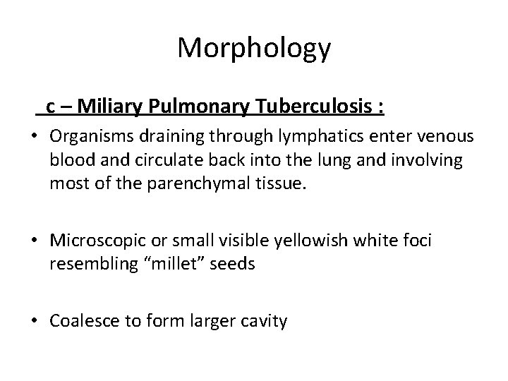 Morphology c – Miliary Pulmonary Tuberculosis : • Organisms draining through lymphatics enter venous