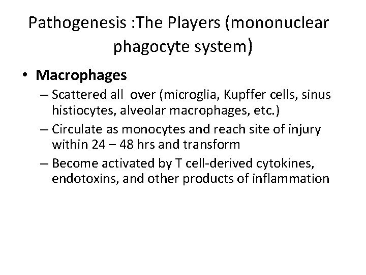 Pathogenesis : The Players (mononuclear phagocyte system) • Macrophages – Scattered all over (microglia,