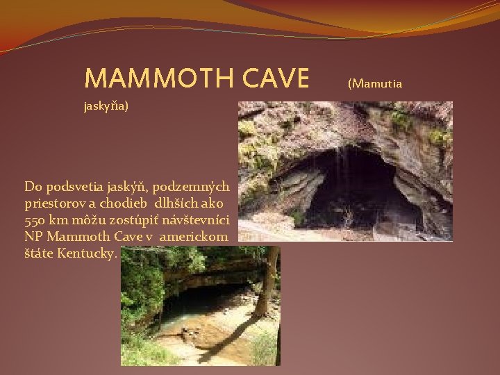 MAMMOTH CAVE jaskyňa) Do podsvetia jaskýň, podzemných priestorov a chodieb dlhších ako 550 km