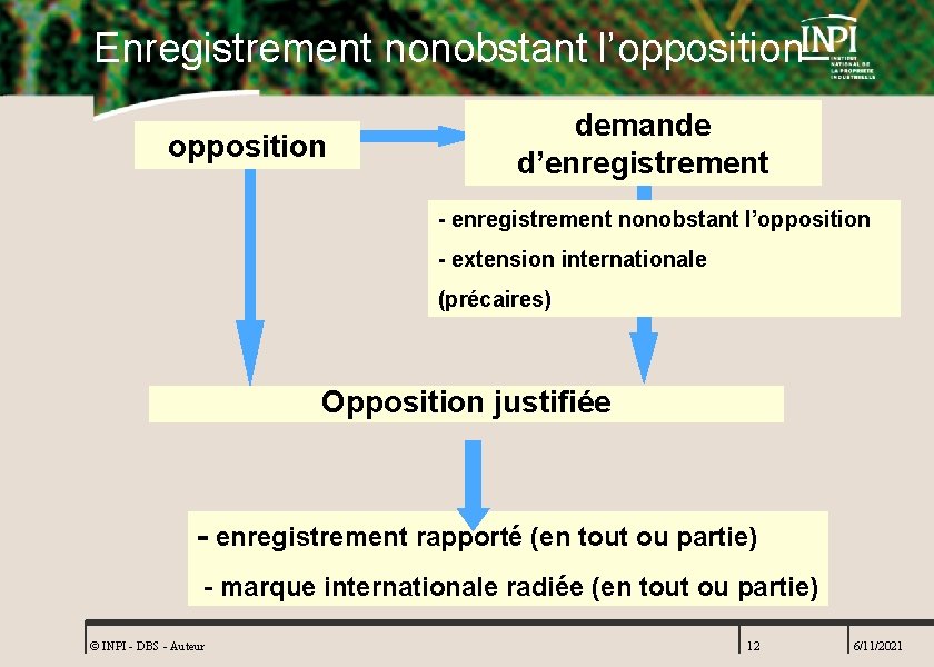 Enregistrement nonobstant l’opposition demande d’enregistrement - enregistrement nonobstant l’opposition - extension internationale (précaires) Opposition