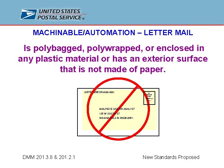 MACHINABLE/AUTOMATION – LETTER MAIL Is polybagged, polywrapped, or enclosed in any plastic material or