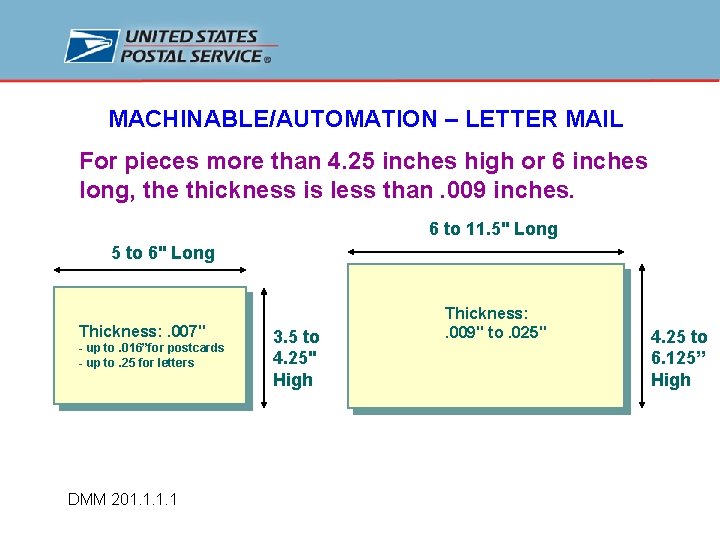 MACHINABLE/AUTOMATION – LETTER MAIL For pieces more than 4. 25 inches high or 6