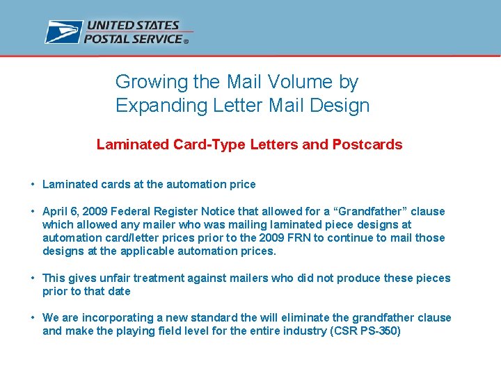 Growing the Mail Volume by Expanding Letter Mail Design Laminated Card-Type Letters and Postcards