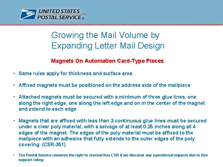 Growing the Mail Volume by Expanding Letter Mail Design Magnets On Automation Card-Type Pieces