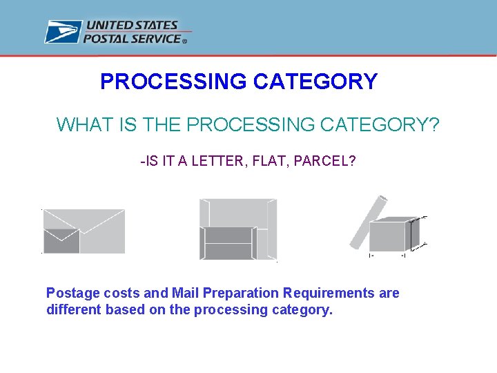 PROCESSING CATEGORY WHAT IS THE PROCESSING CATEGORY? -IS IT A LETTER, FLAT, PARCEL? Postage