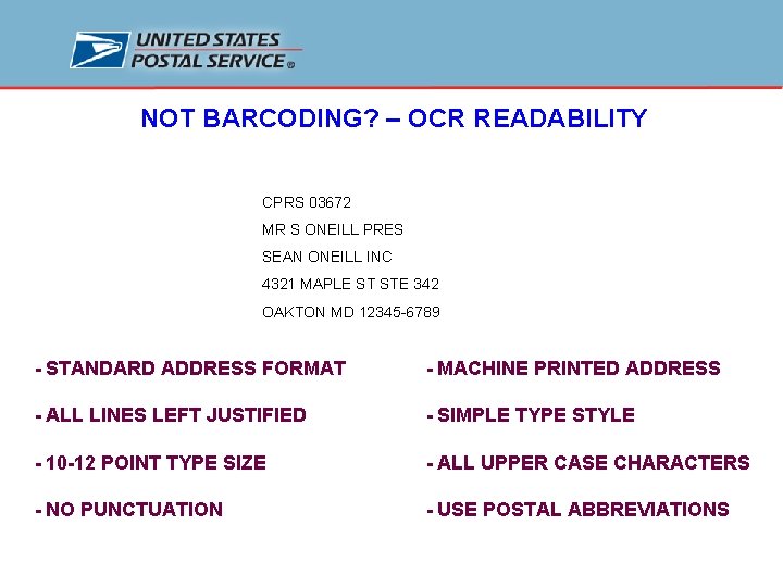 NOT BARCODING? – OCR READABILITY CPRS 03672 MR S ONEILL PRES SEAN ONEILL INC