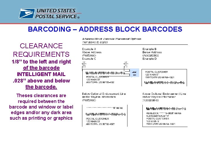 BARCODING – ADDRESS BLOCK BARCODES CLEARANCE REQUIREMENTS 1/8” to the left and right of