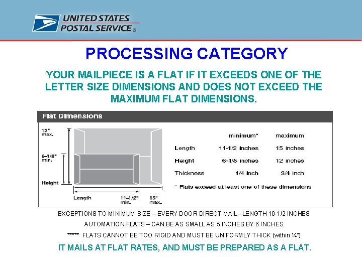 PROCESSING CATEGORY YOUR MAILPIECE IS A FLAT IF IT EXCEEDS ONE OF THE LETTER