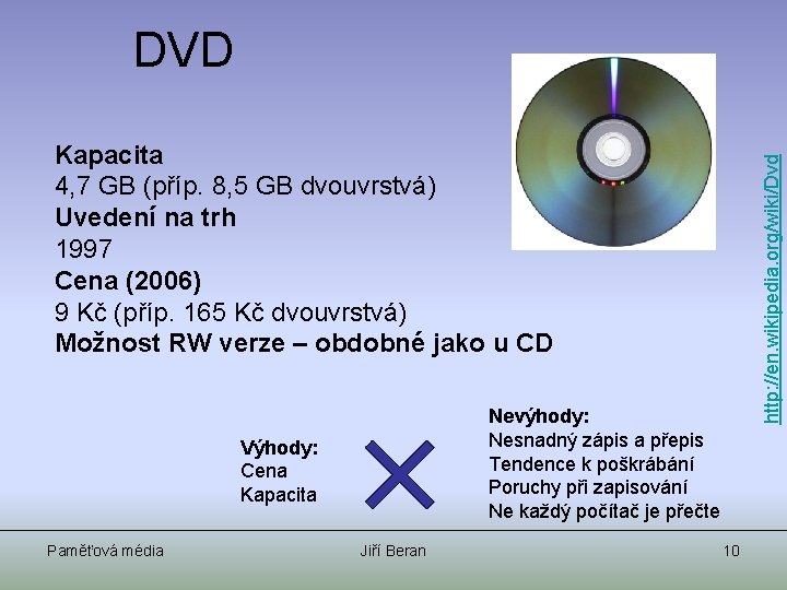 DVD Nevýhody: Nesnadný zápis a přepis Tendence k poškrábání Poruchy při zapisování Ne každý