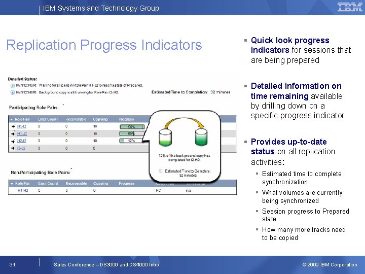 IBM Systems and Technology Group Replication Progress Indicators Quick look progress indicators for sessions