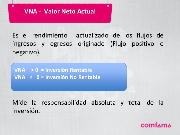 VNA - Valor Neto Actual Es el rendimiento actualizado de los flujos de ingresos