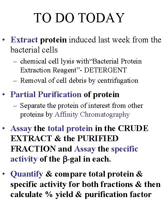 TO DO TODAY • Extract protein induced last week from the bacterial cells –