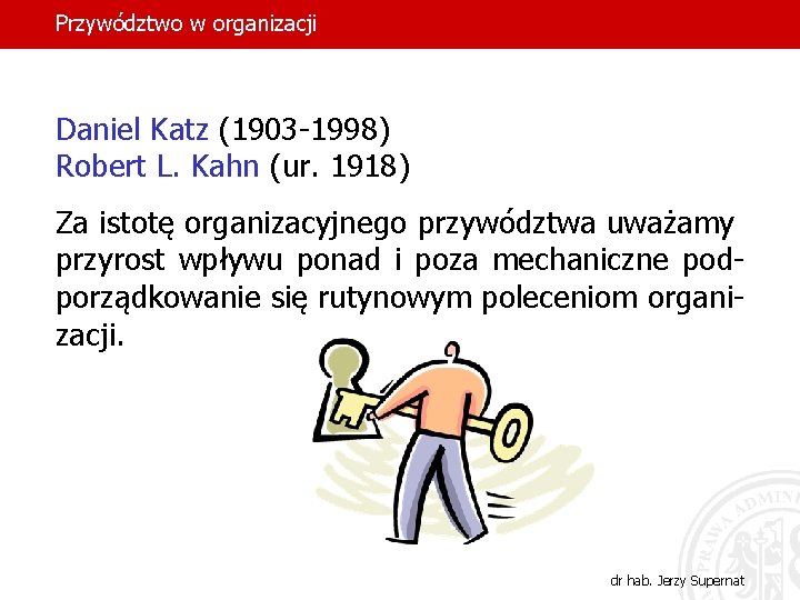 Przywództwo w organizacji Daniel Katz (1903 -1998) Robert L. Kahn (ur. 1918) Za istotę