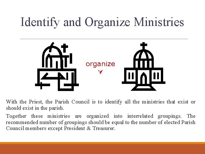Identify and Organize Ministries organize With the Priest, the Parish Council is to identify