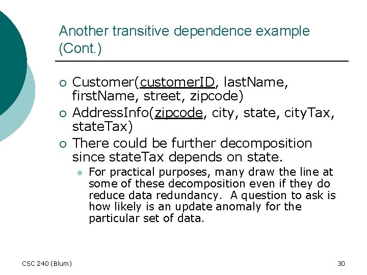 Another transitive dependence example (Cont. ) ¡ ¡ ¡ Customer(customer. ID, last. Name, first.