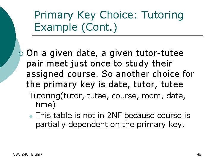 Primary Key Choice: Tutoring Example (Cont. ) ¡ On a given date, a given
