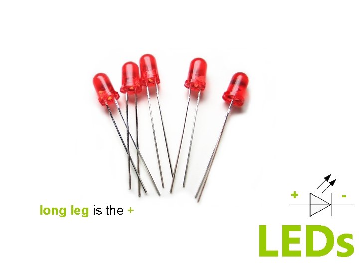 + long leg is the + - LEDs + long leg is the + - LEDs
