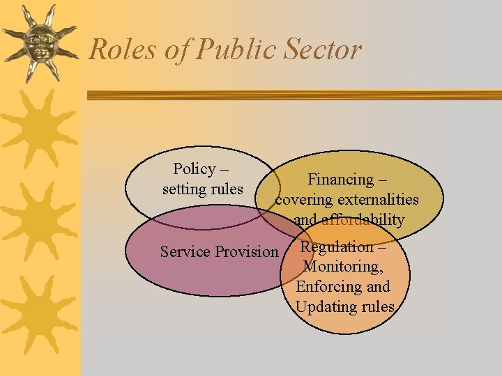 Roles of Public Sector Policy – setting rules Financing – covering externalities and affordability
