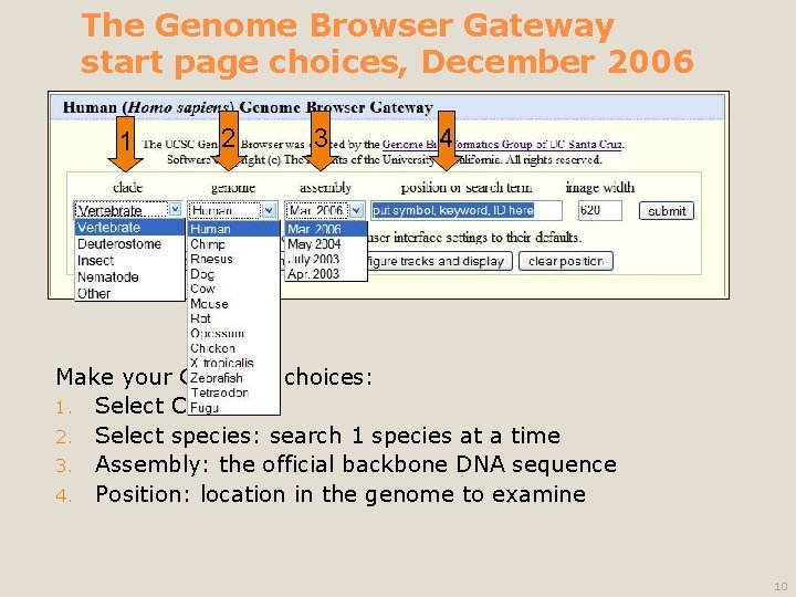 The Genome Browser Gateway start page choices, December 2006 1 2 3 4 Make