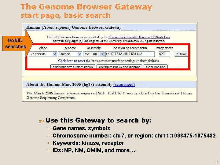 The Genome Browser Gateway start page, basic search text/ID searches Use ◦ ◦ this