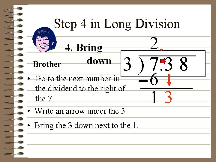 Step 4 in Long Division Brother 4. Bring down 2. 3 ) 7. 3
