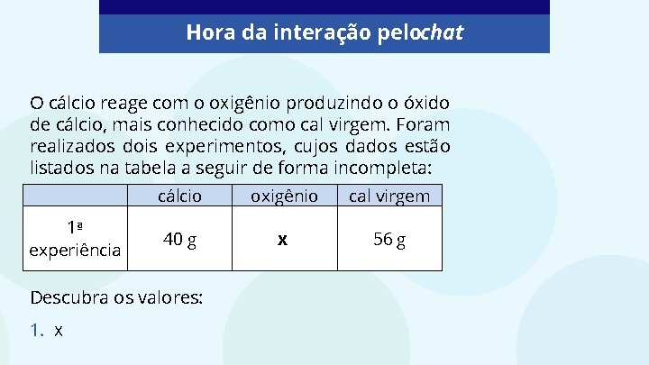 Hora da interação pelochat O cálcio reage com o oxigênio produzindo o óxido de