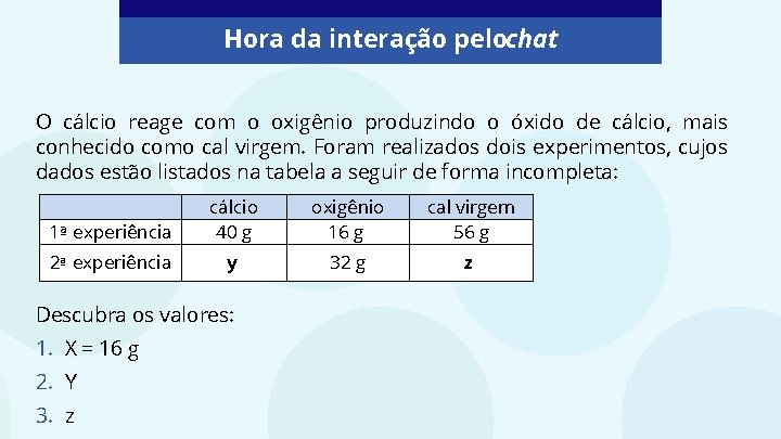 Hora da interação pelochat O cálcio reage com o oxigênio produzindo o óxido de