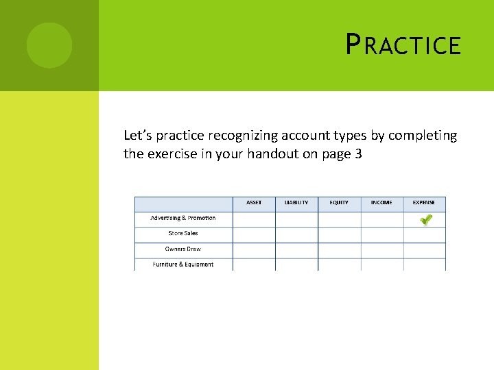 P RACTICE Let’s practice recognizing account types by completing the exercise in your handout