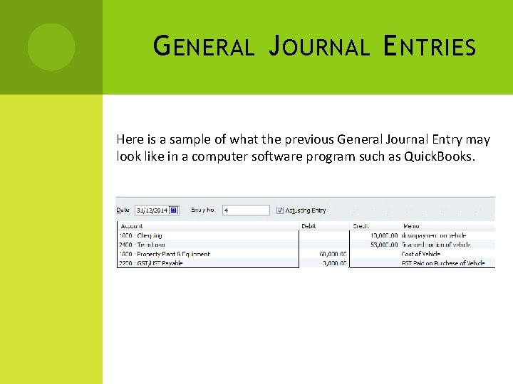 G ENERAL J OURNAL E NTRIES Here is a sample of what the previous