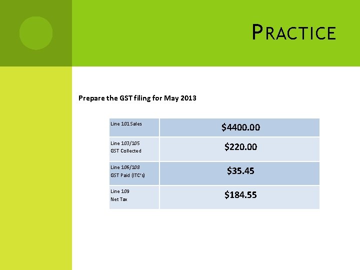 P RACTICE Prepare the GST filing for May 2013 Line 101 Sales $4400. 00