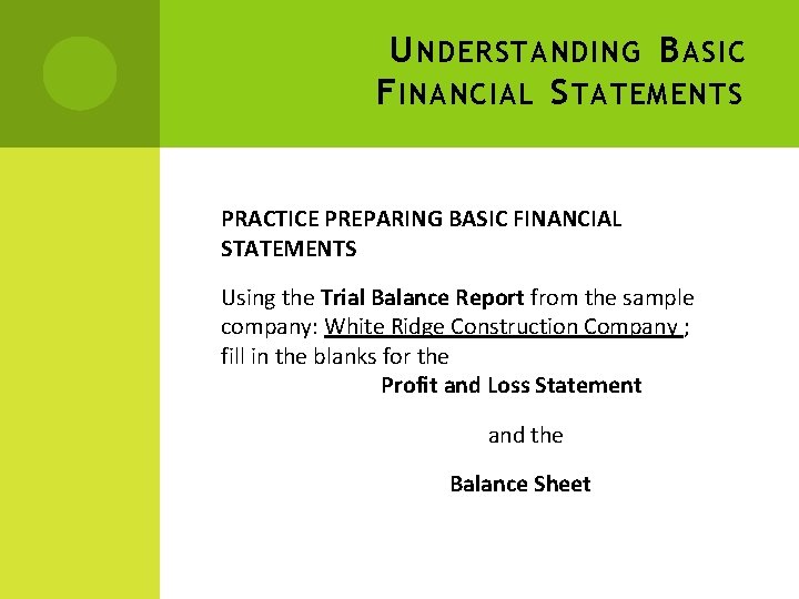 U NDERSTANDING B ASIC F INANCIAL S TATEMENTS PRACTICE PREPARING BASIC FINANCIAL STATEMENTS Using