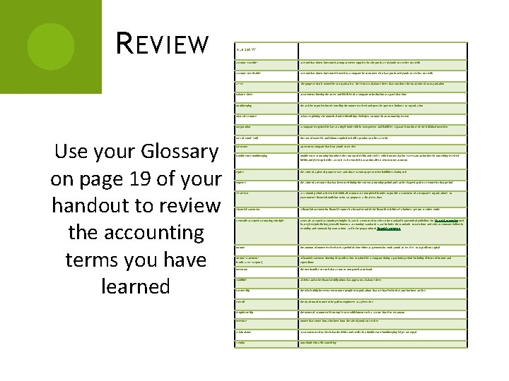 R EVIEW Use your Glossary on page 19 of your handout to review the