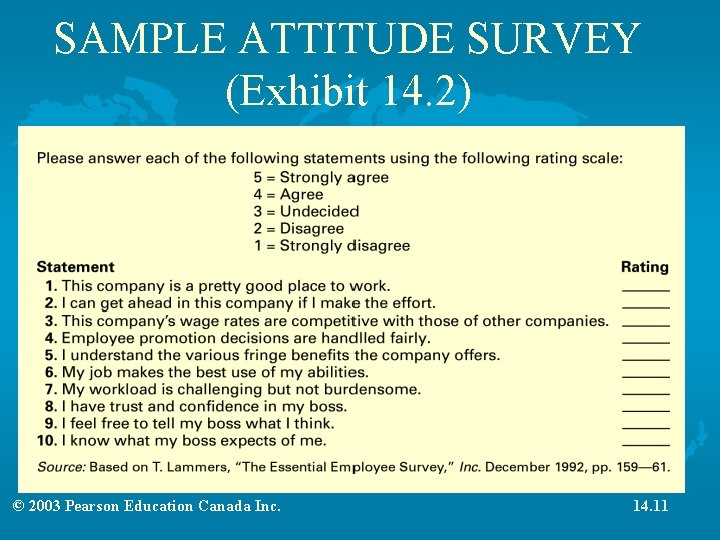 SAMPLE ATTITUDE SURVEY (Exhibit 14. 2) © 2003 Pearson Education Canada Inc. 14. 11