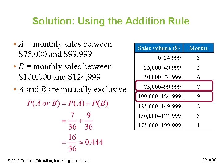 Solution: Using the Addition Rule • A = monthly sales between $75, 000 and