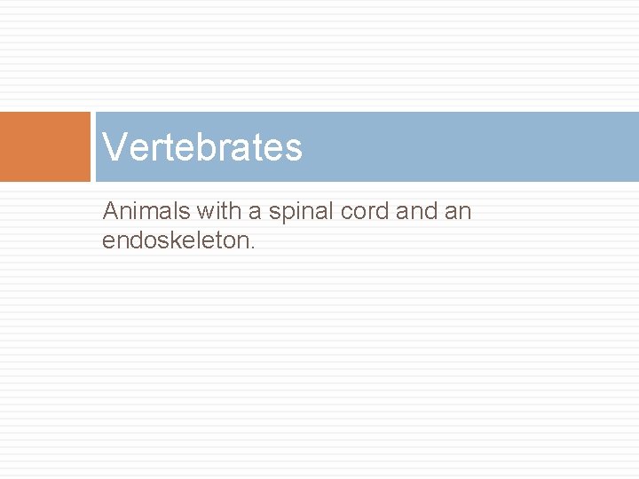 Vertebrates Animals with a spinal cord an endoskeleton. 