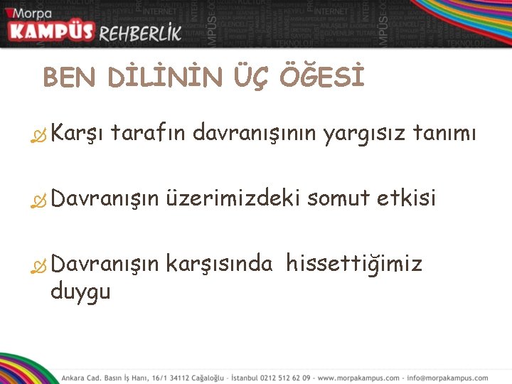 BEN DİLİNİN ÜÇ ÖĞESİ Karşı tarafın davranışının yargısız tanımı Davranışın üzerimizdeki somut etkisi Davranışın