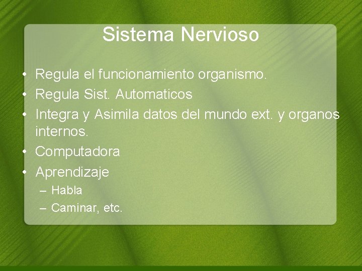 Sistema Nervioso • Regula el funcionamiento organismo. • Regula Sist. Automaticos • Integra y