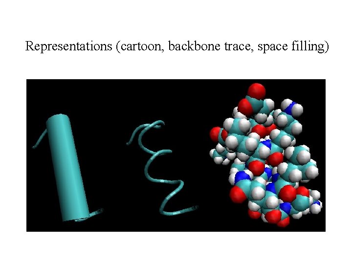 Representations (cartoon, backbone trace, space filling) 