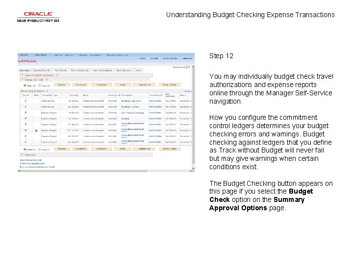 Understanding Budget Checking Expense Transactions Step 12 You may individually budget check travel authorizations